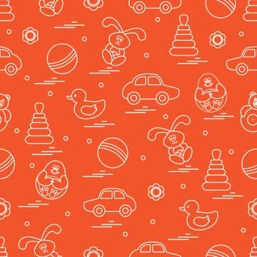 Vector pattern of different toys: car, pyramid, roly-poly, ball, hare, rattle イラスト素材