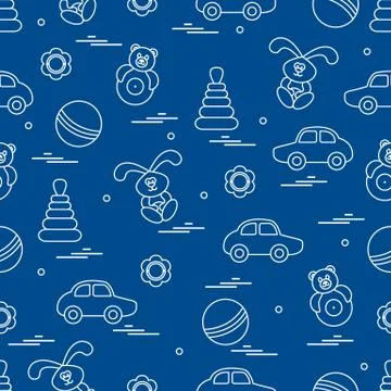 Vector pattern of different toys: car, pyramid, roly-poly, ball, hare, rattle Illustrazione stock