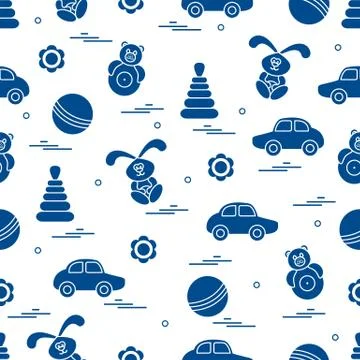Vector pattern of different toys: car, pyramid, roly-poly, ball, hare, rattle Stockillustratie