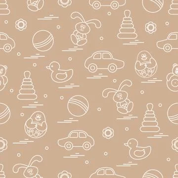 Vector pattern of different toys: car, pyramid, roly-poly, ball, hare, rattle Stockillustratie