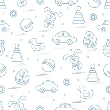 Vector pattern of different toys: car, pyramid, roly-poly, ball, hare, rattle Illustrazione stock