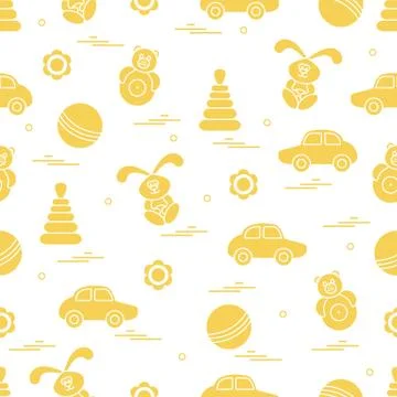 Vector pattern of different toys: car, pyramid, roly-poly, ball, hare, rattle Illustrazione stock