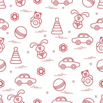 Vector pattern of different toys: car, pyramid, roly-poly, ball, hare, rattle Illustrazione stock