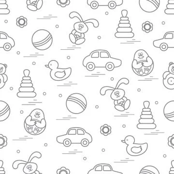 Vector pattern of different toys: car, pyramid, roly-poly, ball, hare, rattle Illustrazione stock