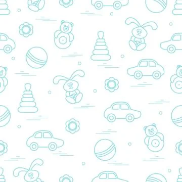 Vector pattern of different toys: car, pyramid, roly-poly, ball, hare, rattle Illustrazione stock