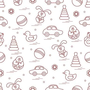 Vector pattern of different toys: car, pyramid, roly-poly, ball, hare, rattle Illustrazione stock