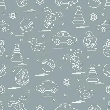 Vector pattern of different toys: car, pyramid, roly-poly, ball, hare, rattle Illustrazione stock