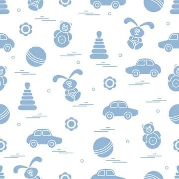 Vector pattern of different toys: car, pyramid, roly-poly, ball, hare, rattle Stockillustratie