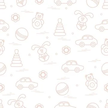 Vector pattern of different toys: car, pyramid, roly-poly, ball, hare, rattle Illustrazione stock