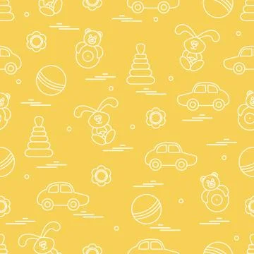 Vector pattern of different toys: car, pyramid, roly-poly, ball, hare, rattle Stockillustratie