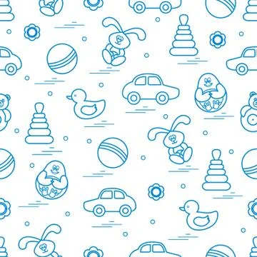Vector pattern of different toys: car, pyramid, roly-poly, ball, hare, rattle Illustrazione stock