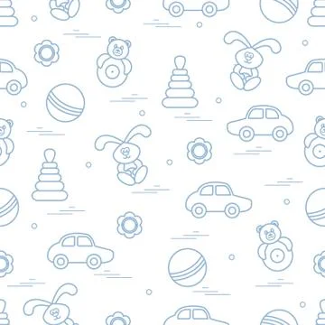 Vector pattern of different toys: car, pyramid, roly-poly, ball, hare, rattle Illustrazione stock