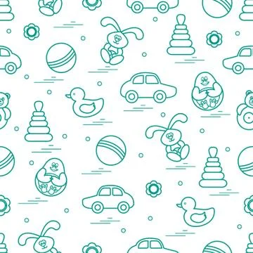 Vector pattern of different toys: car, pyramid, roly-poly, ball, hare, rattle Illustrazione stock