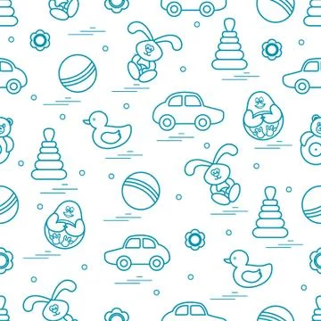 Vector pattern of different toys: car, pyramid, roly-poly, ball, hare, rattle Illustrazione stock
