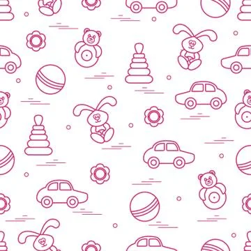 Vector pattern of different toys: car, pyramid, roly-poly, ball, hare, rattle Illustrazione stock