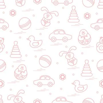 Vector pattern of different toys: car, pyramid, roly-poly, ball, hare, rattle Stockillustratie