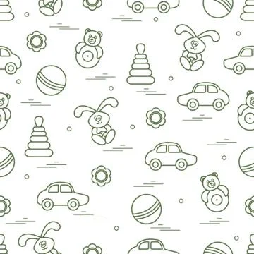 Vector pattern of different toys: car, pyramid, roly-poly, ball, hare, rattle Illustrazione stock