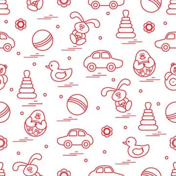 Vector pattern of different toys: car, pyramid, roly-poly, ball, hare, rattle イラスト素材