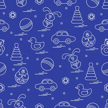 Vector pattern of different toys: car, pyramid, roly-poly, ball, hare, rattle Illustrazione stock