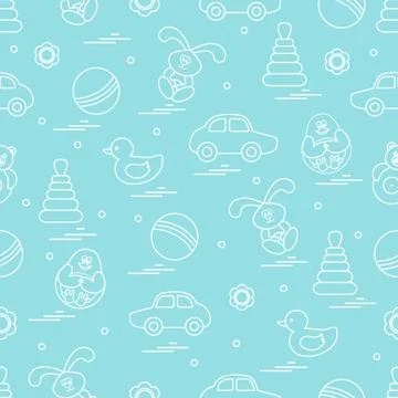 Vector pattern of different toys: car, pyramid, roly-poly, ball, hare, rattle Illustrazione stock