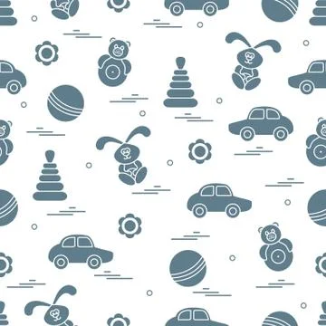 Vector pattern of different toys: car, pyramid, roly-poly, ball, hare, rattle Stockillustratie