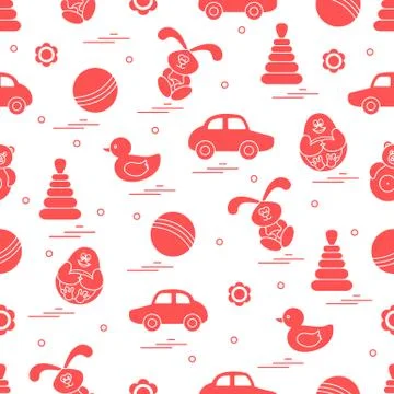 Vector pattern of different toys: car, pyramid, roly-poly, ball, hare, rattle Illustrazione stock