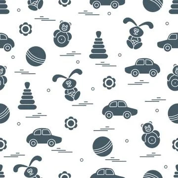 Vector pattern of different toys: car, pyramid, roly-poly, ball, hare, rattle Illustrazione stock