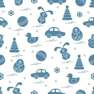 Vector pattern of different toys: car, pyramid, roly-poly, ball, hare, rattle Illustrazione stock