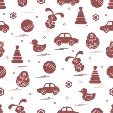 Vector pattern of different toys: car, pyramid, roly-poly, ball, hare, rattle Illustrazione stock