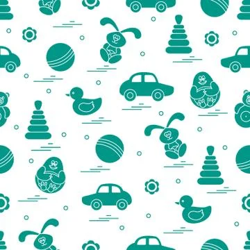 Vector pattern of different toys: car, pyramid, roly-poly, ball, hare, rattle Illustrazione stock