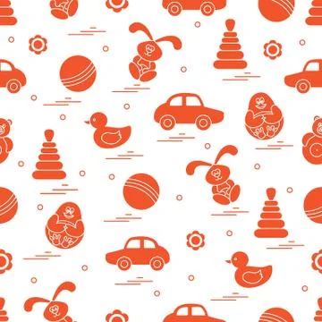 Vector pattern of different toys: car, pyramid, roly-poly, ball, hare, rattle Illustrazione stock
