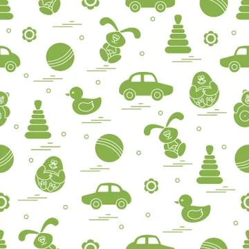 Vector pattern of different toys: car, pyramid, roly-poly, ball, hare, rattle イラスト素材
