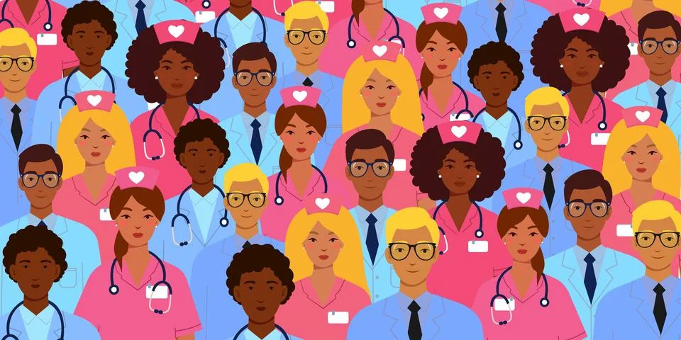 Vector pattern with doctors and nurses of different nationalities, backgrou.. Stock Illustration