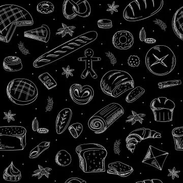 Vector pattern with Doodle-style pastries. bakery design over black backgroun イラスト素材
