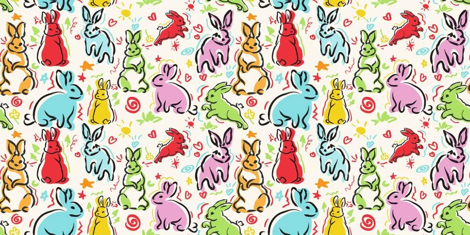 Vector pattern in doodles handrawning style. Colorfull bunnies in seamless pa Stock Illustration
