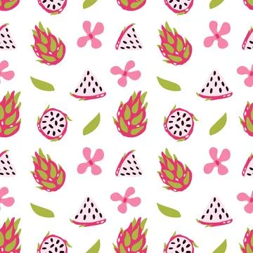 Vector pattern of dragon fruit on a light background. Exotic fruit, Pitahay.. Stock Illustration