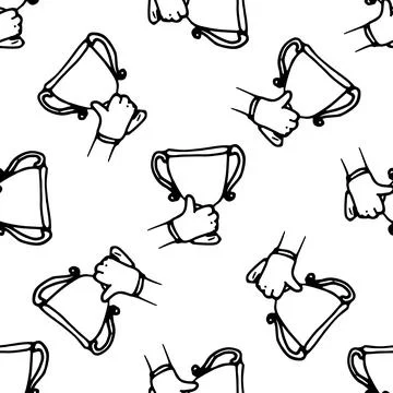 Vector pattern of a drawing of a hand with a raised cup. Seamless cup pattern Stock Illustration