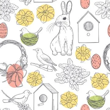 Vector pattern with Easter Bunny and spring flowers. Stockillustratie