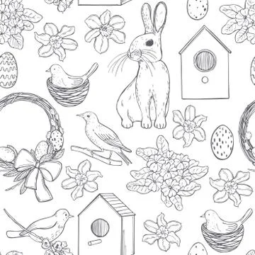 Vector pattern with Easter Bunny and spring flowers. Illustrazione stock