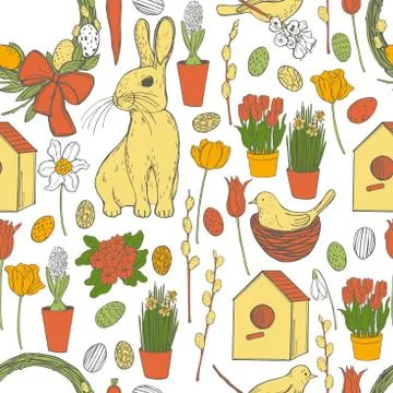 Vector pattern with Easter Bunny and spring flowers. Stock Illustration