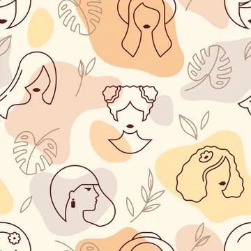 Vector pattern with the faces of girls and leaves of plants in several colors. Stock Illustration