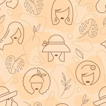 Vector pattern with the faces of girls and leaves of plants in several colors. Stock Illustration