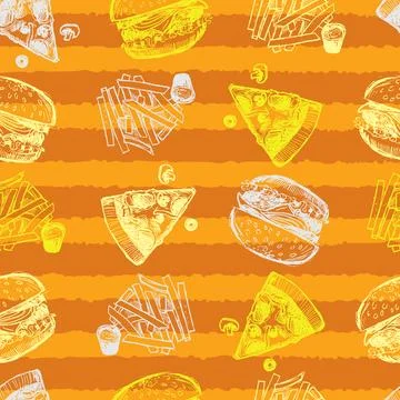 Vector pattern of fast food, hamburger, pizza and fries draw sketch style wit Stock Illustration