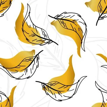 Vector pattern with feathers. White, gold and black seamless pattern. Illustrazione stock
