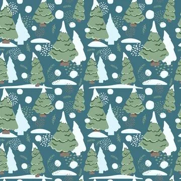 Vector pattern with fir trees in the snow on a blue background. Cute illustra Illustrazione stock