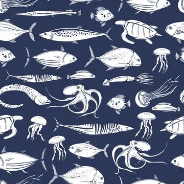 Vector pattern with  fish and wild marine animals. Stockillustratie