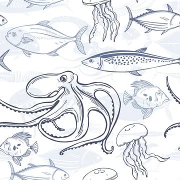 Vector pattern with  fish and wild marine animals. Illustrazione stock