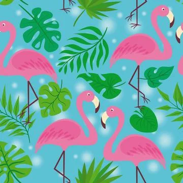 Vector pattern with flamingos and palm leaves on a blue background Stock Illustration