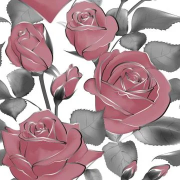 Vector pattern flowers leaves Rose buds blossom pastel pink silver seamless Stock Illustration