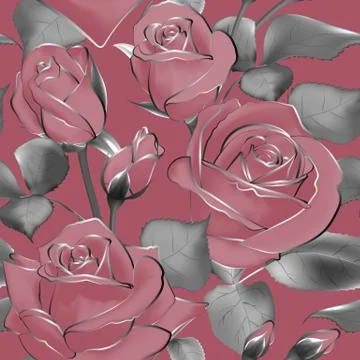 Vector pattern flowers leaves Rose buds blossom pastel pink silver seamless Stockillustratie